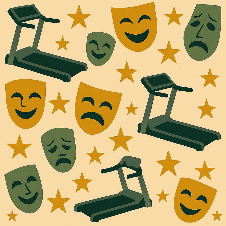 A surreal illustration featuring a treadmill, a pair of theater masks (one smiling, one sad), and repeating stars trailing across the background.