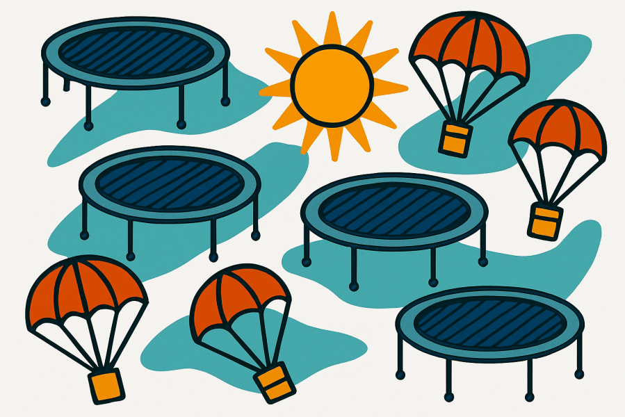 Three trampolines, one sunshine, and three parachutes arranged on a textured teal background. The elements float and overlap like layered metaphors—bounce, fall, and light-seeking—capturing emotional movement.