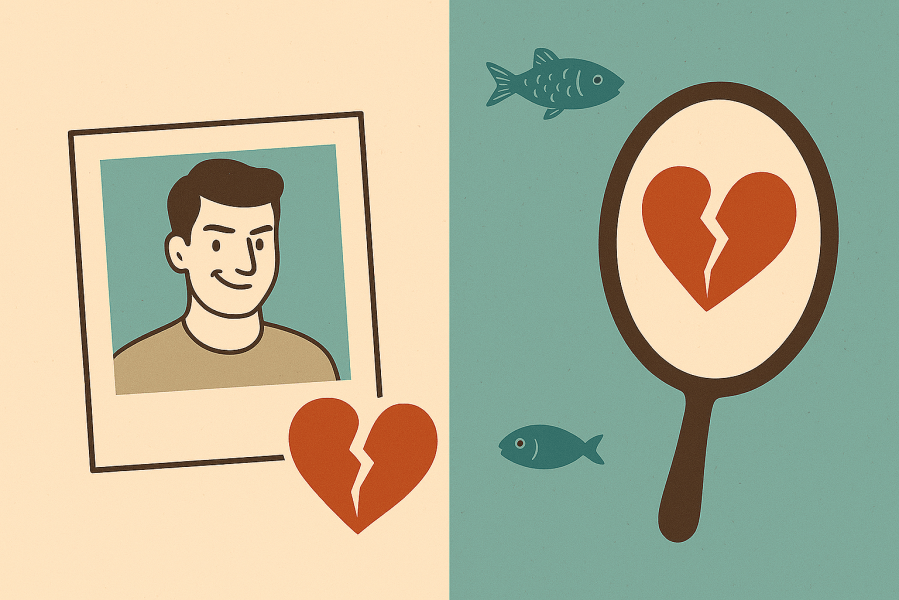 Illustration of a smirking man in a Polaroid photo beside a broken heart, with a mirror reflecting another broken heart and teal fish swimming in robin egg blue background.