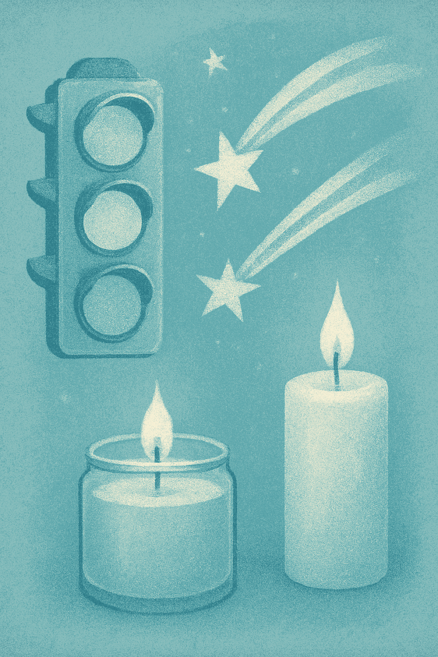 Collage-style digital illustration in robin egg blue tones featuring a vintage stoplight, two shooting stars, and two lit candles. The elements are whole and softly textured, arranged with visual balance and emotional warmth.